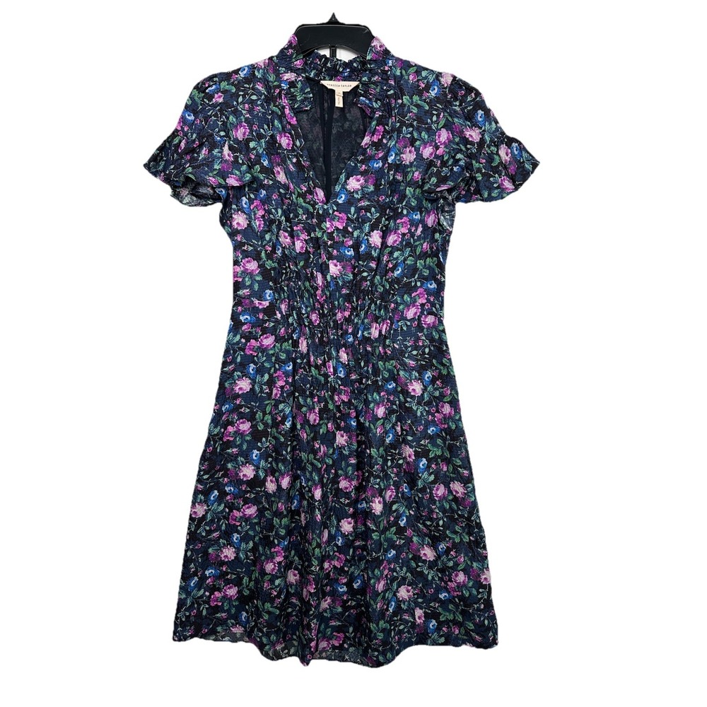 Rebecca Taylor Ruby Navy Floral Hammered Silk Mini Dress Size 2 Cottage Peasant - Picture 3 of 12